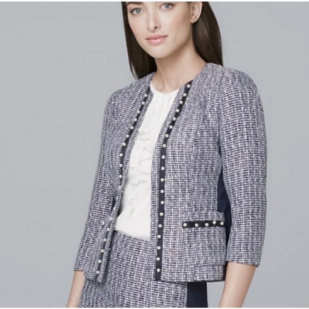 White House Black Market Tweed Blazer Jacket Size 2 Pearls Business Career
